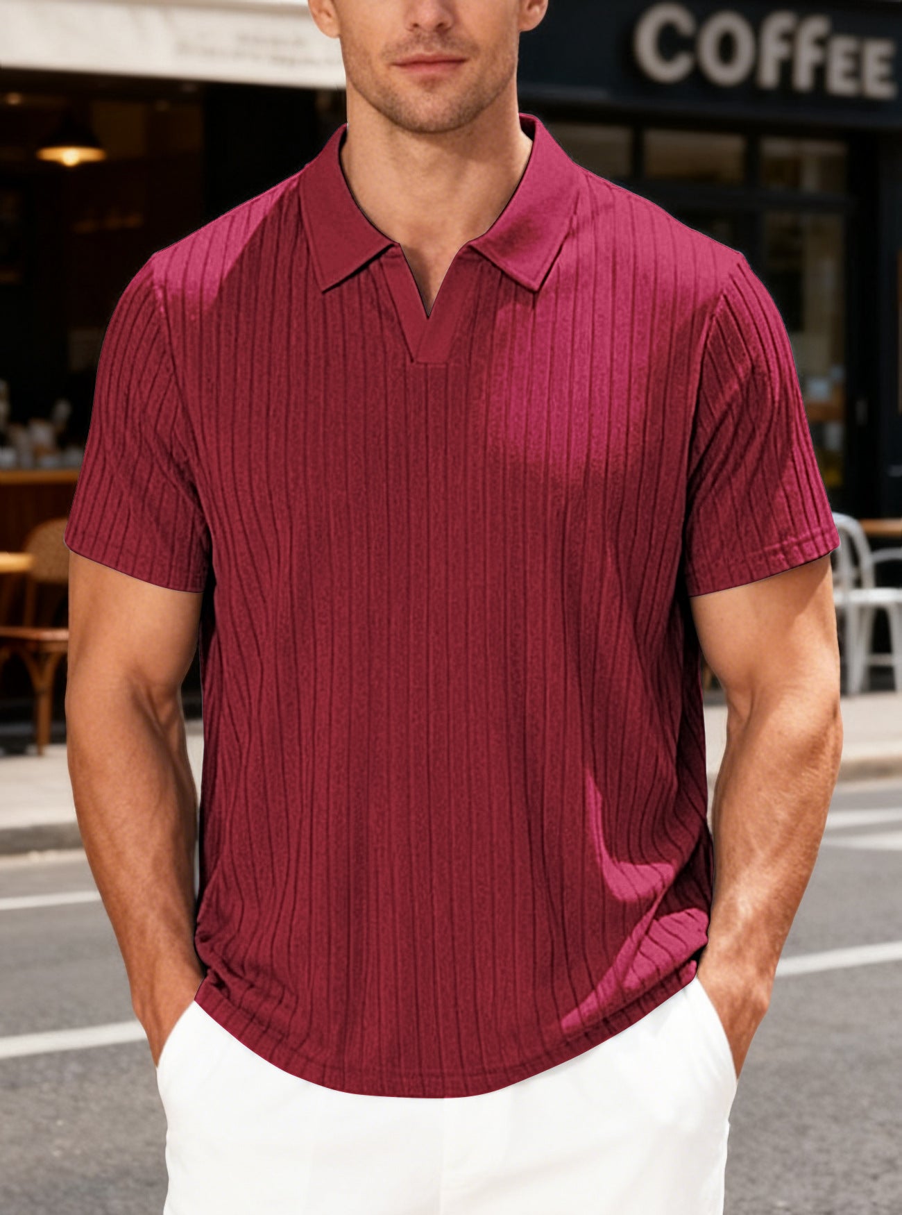 Camisa masculina de verão casual, respirável, em tecido jacquard atoalhado, com lapela.