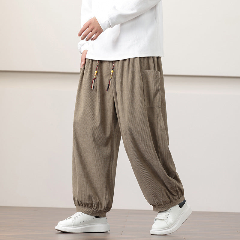 Calças Harem de veludo cotelê estilo chinês para homem, modelagem folgada, ideal para o outono.