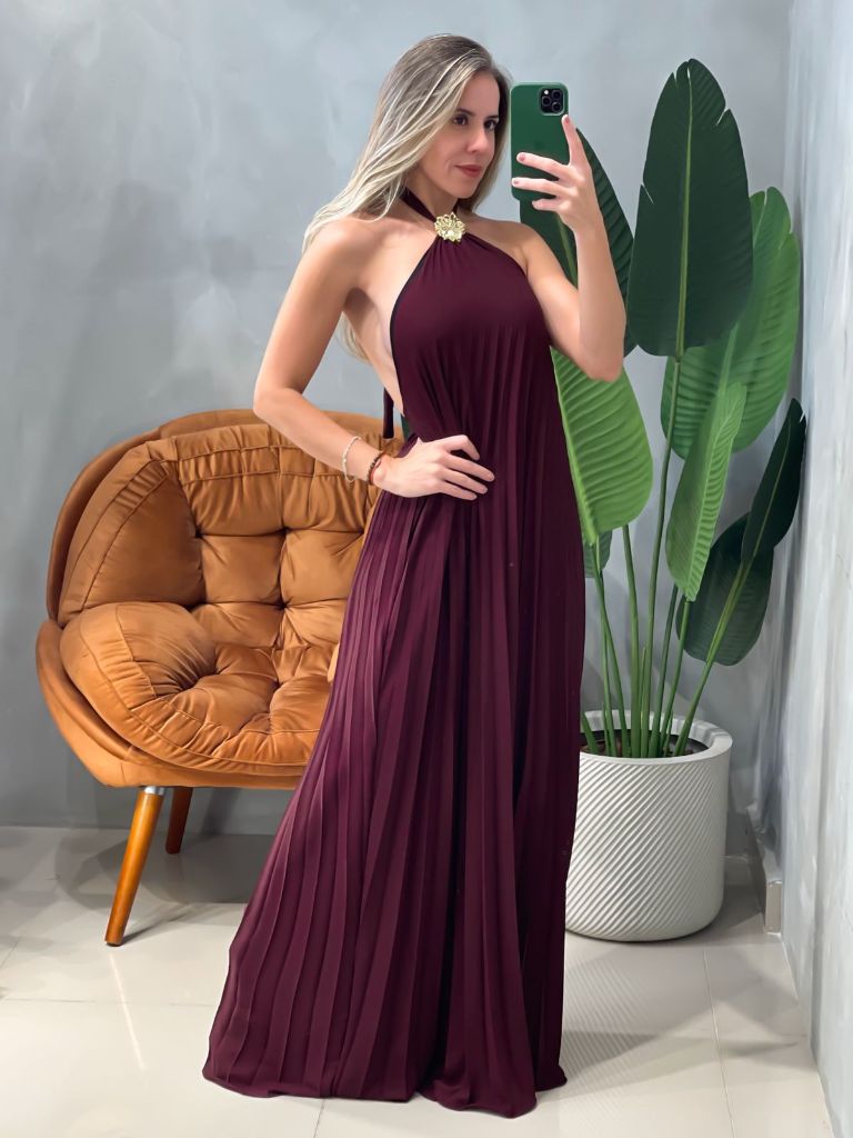 Vestido Longo em Crepe Frente Única Plissado com Fivela Alice Ref. 1946