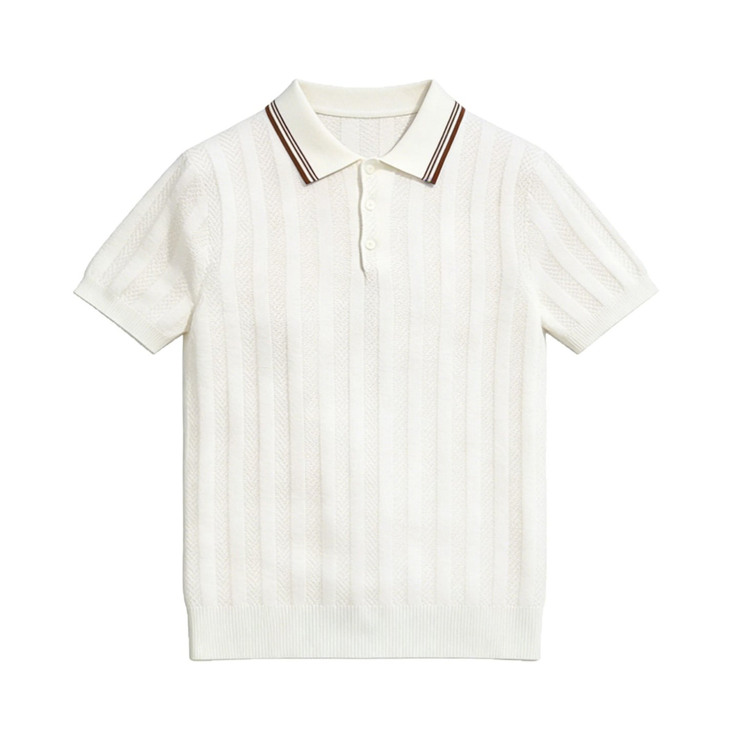Camiseta masculina de manga curta em malha com gola lapela, estilo clássico listrado.