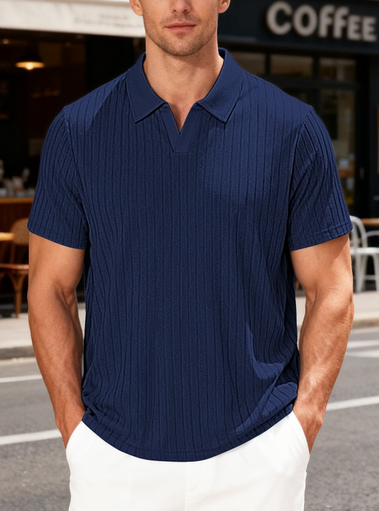 Camisa masculina de verão casual, respirável, em tecido jacquard atoalhado, com lapela.