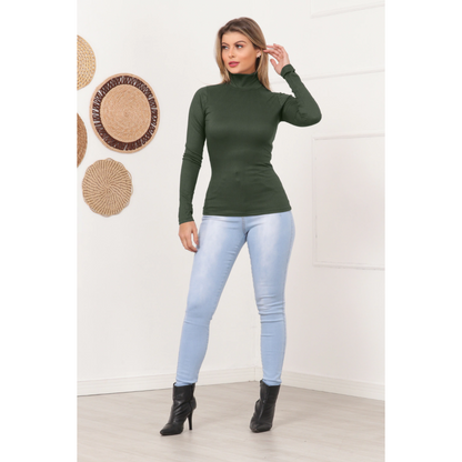 Blusa Canelada Gola Alta Manga Longa