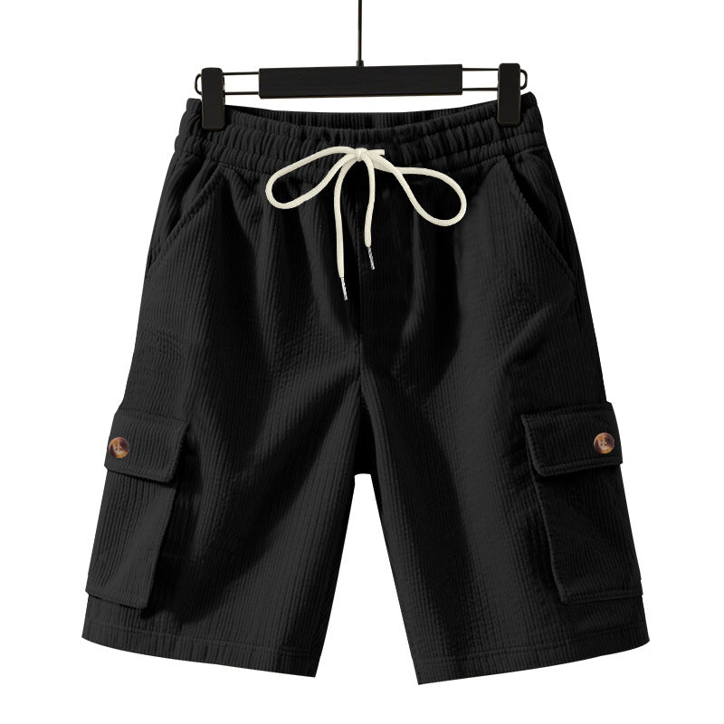 Shorts masculinos cropped utilitários de veludo cotelê grosso e folgado.
