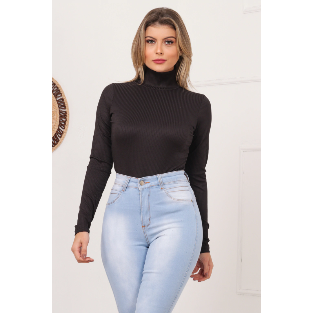 Blusa Canelada Gola Alta Manga Longa