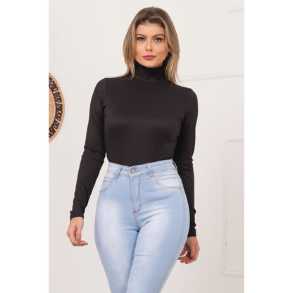 Blusa Canelada Gola Alta Manga Longa