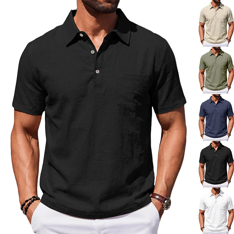 Camisa polo masculina de linho para praia, modelagem solta, casual e minimalista.