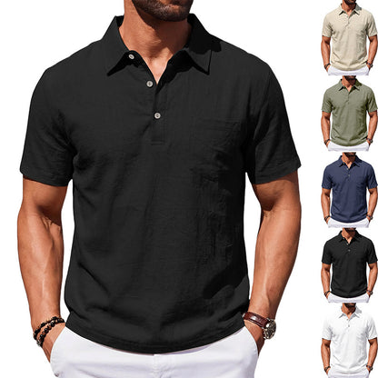 Camisa polo masculina de linho para praia, modelagem solta, casual e minimalista.
