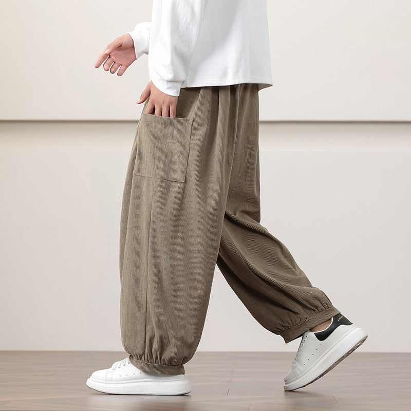 Calças Harem de veludo cotelê estilo chinês para homem, modelagem folgada, ideal para o outono.
