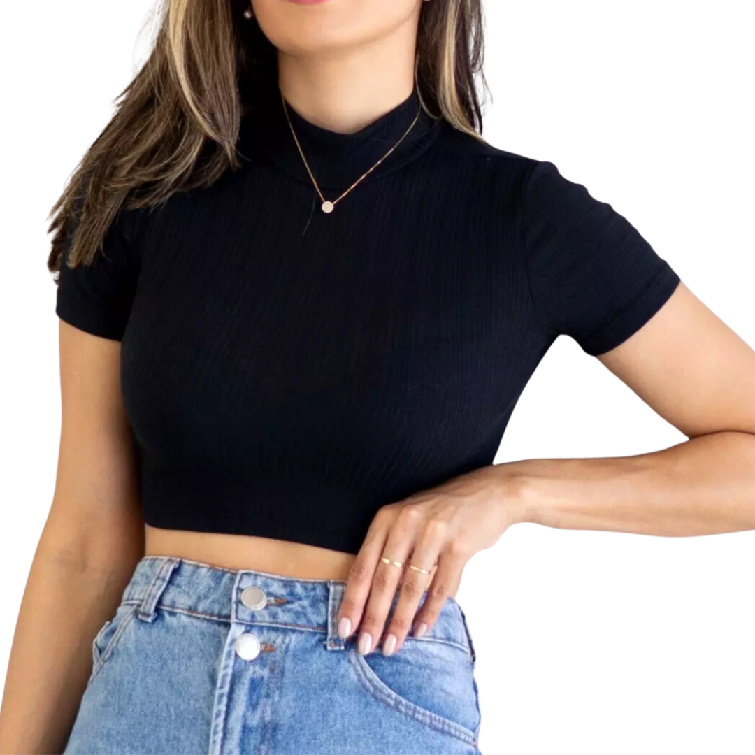 Cropped Canelado Manguinha Gola Alta