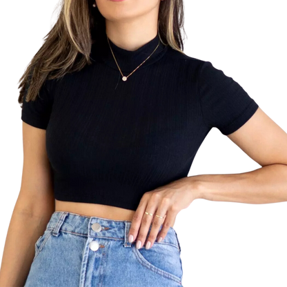 Cropped Canelado Manguinha Gola Alta