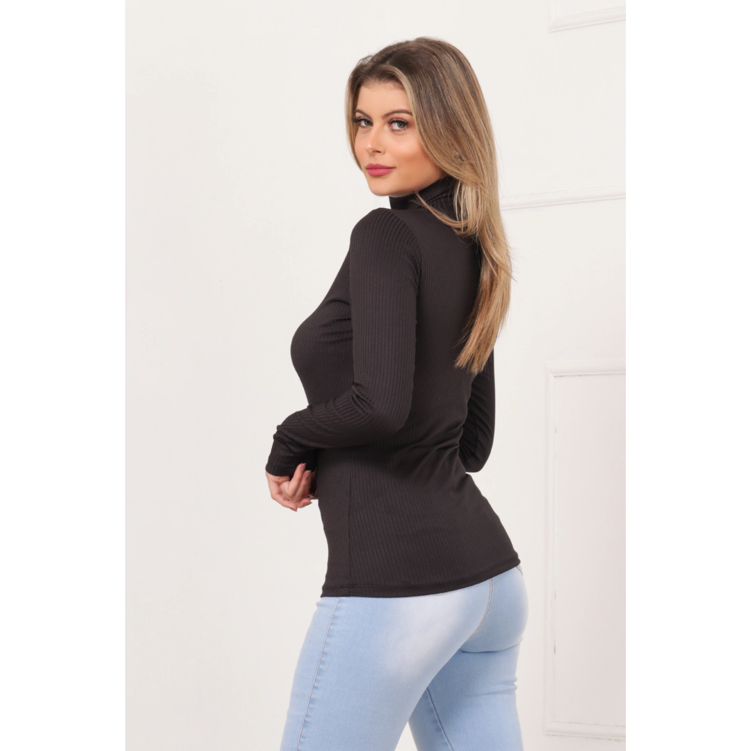 Blusa Canelada Gola Alta Manga Longa
