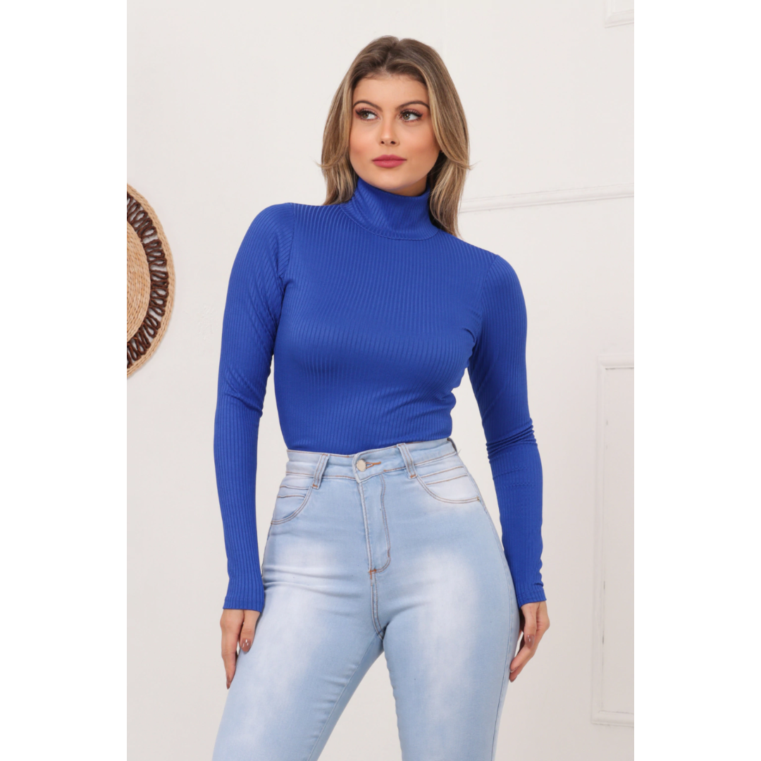 Blusa Canelada Gola Alta Manga Longa