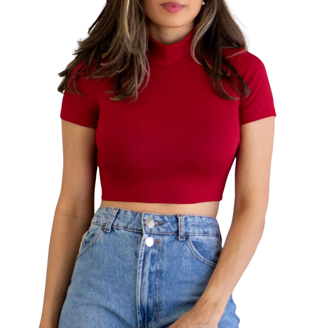 Cropped Canelado Manguinha Gola Alta