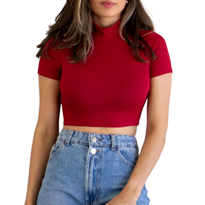 Cropped Canelado Manguinha Gola Alta