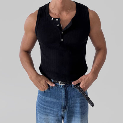 Regata masculina casual com gola Henley e sem mangas