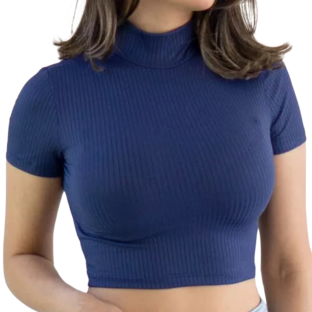 Cropped Canelado Manguinha Gola Alta