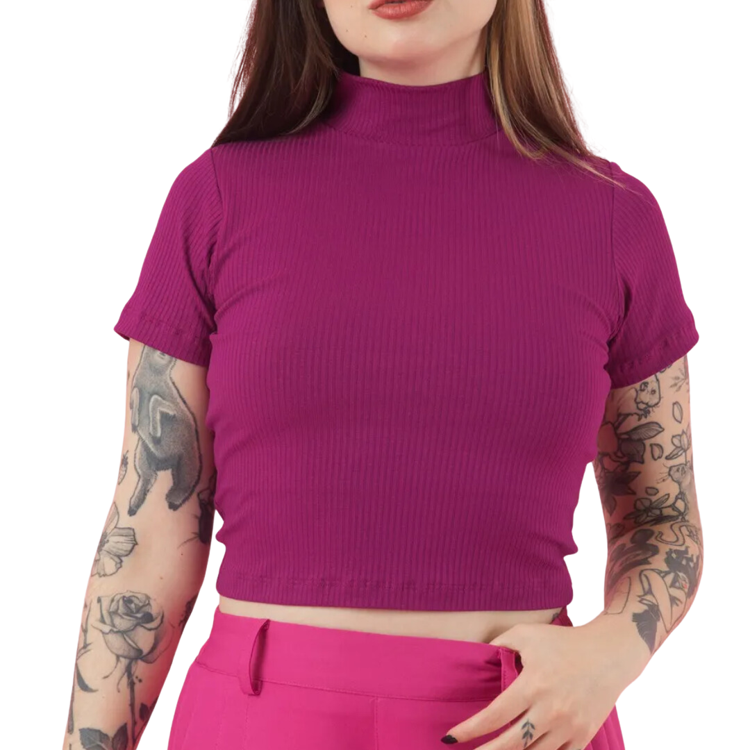 Cropped Canelado Manguinha Gola Alta