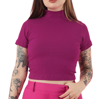 Cropped Canelado Manguinha Gola Alta