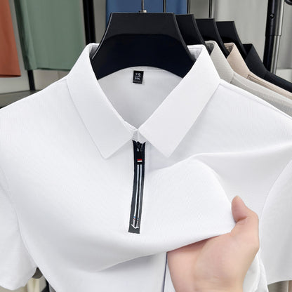 Camisa polo masculina de verão, estilo business casual, em tecido de seda gelada elástico, manga curta e meio zíper.
