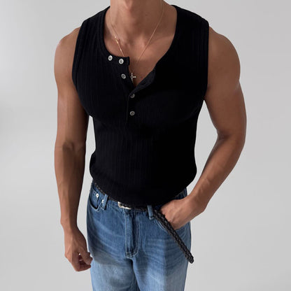 Regata masculina casual com gola Henley e sem mangas