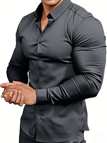 Camisa masculina casual de manga comprida em cor sólida para primavera e outono.