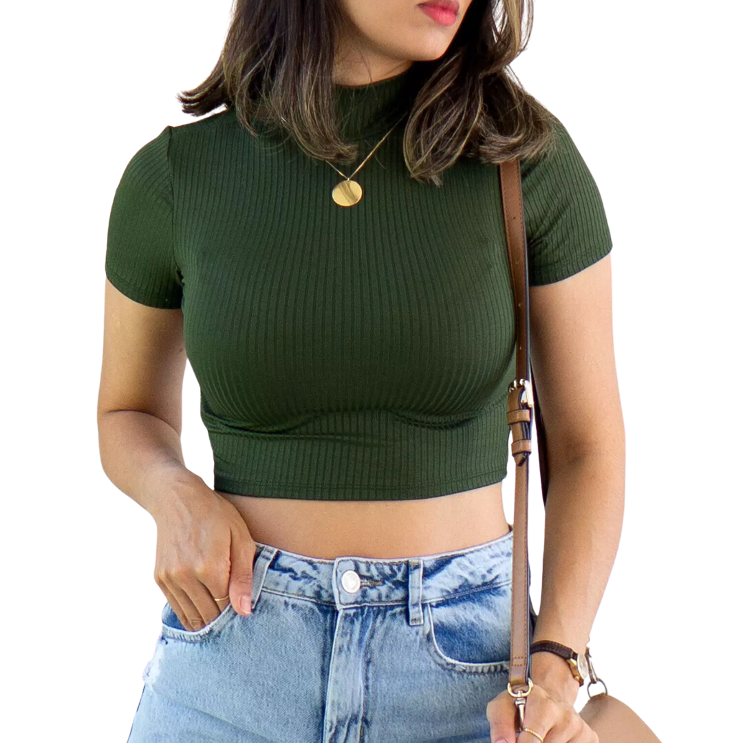 Cropped Canelado Manguinha Gola Alta
