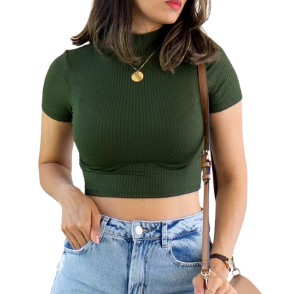 Cropped Canelado Manguinha Gola Alta