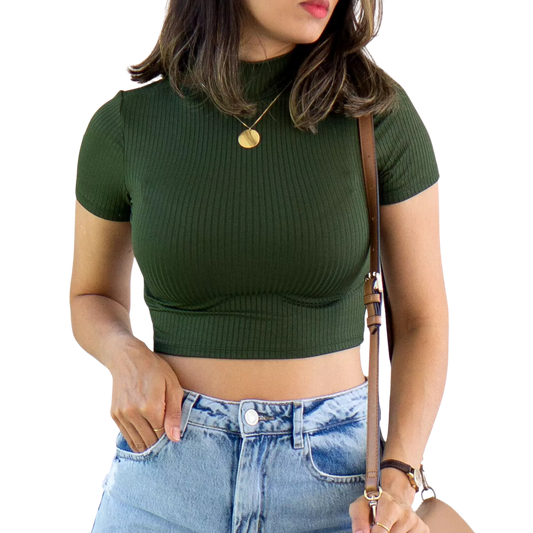 Cropped Canelado Manguinha Gola Alta