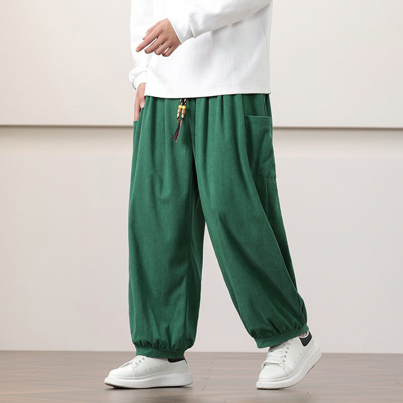 Calças Harem de veludo cotelê estilo chinês para homem, modelagem folgada, ideal para o outono.