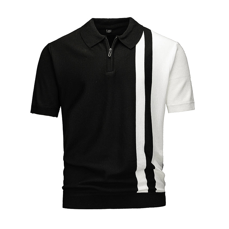 Camisa polo masculina de malha com meio zíper e blocos de cores, estampa listrada vertical em azul marinho e branco, manga curta.