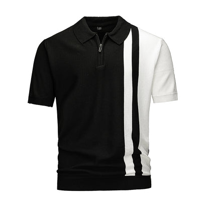 Camisa polo masculina de malha com meio zíper e blocos de cores, estampa listrada vertical em azul marinho e branco, manga curta.
