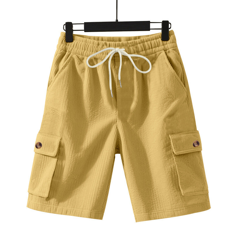 Shorts masculinos cropped utilitários de veludo cotelê grosso e folgado.