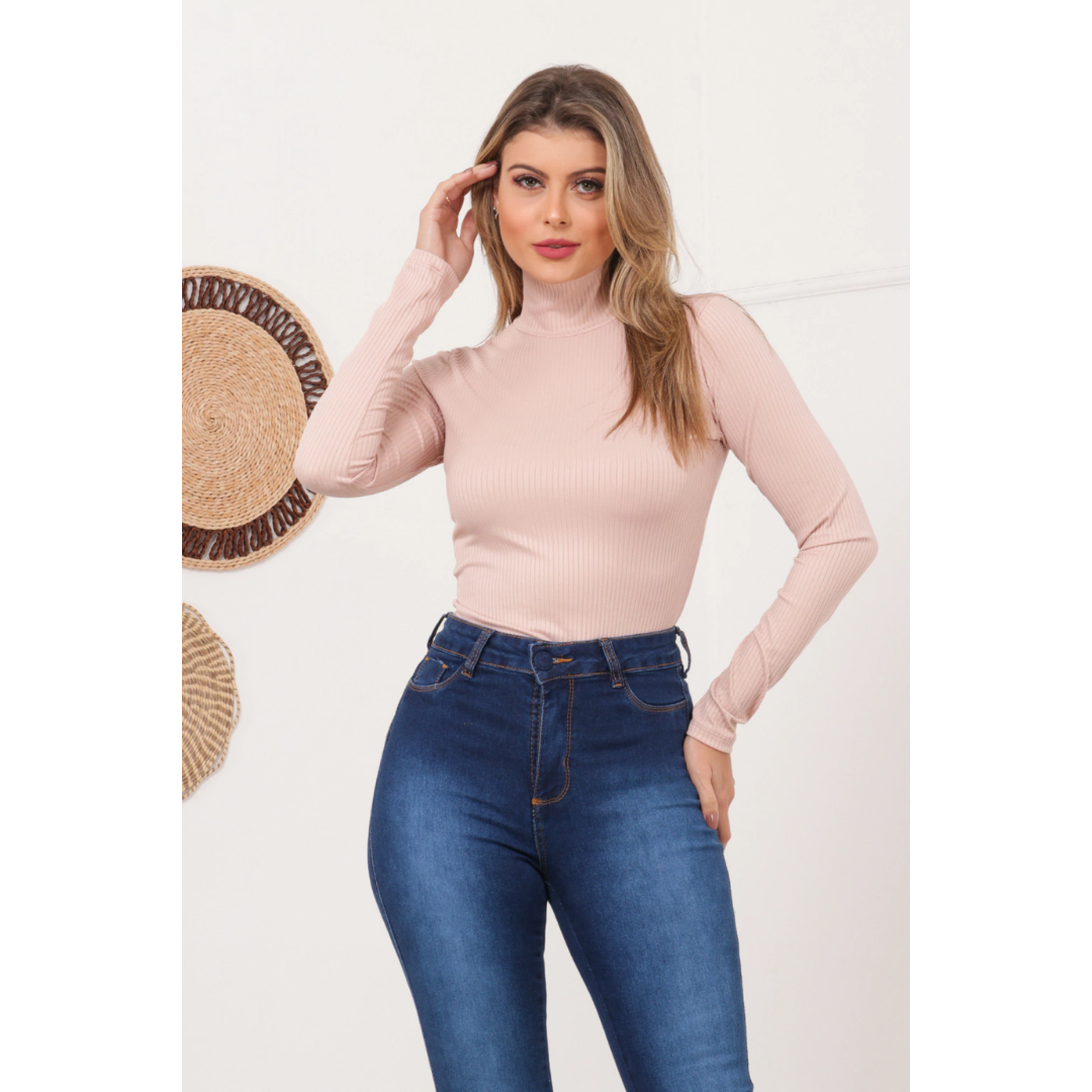 Blusa Canelada Gola Alta Manga Longa