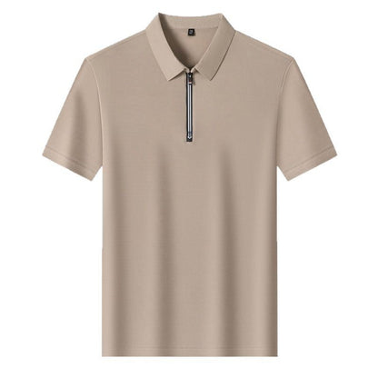 Camisa polo masculina de verão, estilo business casual, em tecido de seda gelada elástico, manga curta e meio zíper.