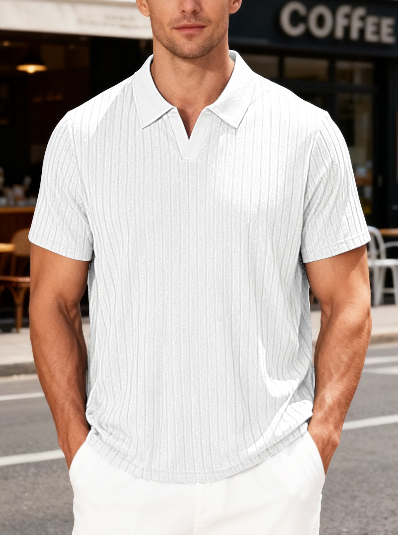 Camisa masculina de verão casual, respirável, em tecido jacquard atoalhado, com lapela.