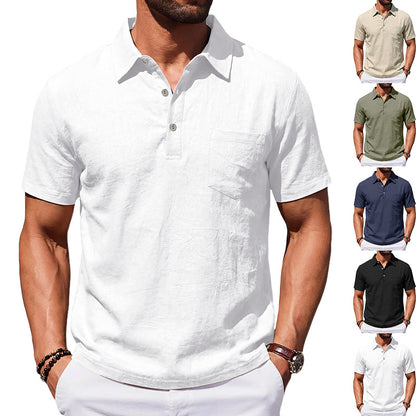 Camisa polo masculina de linho para praia, modelagem solta, casual e minimalista.
