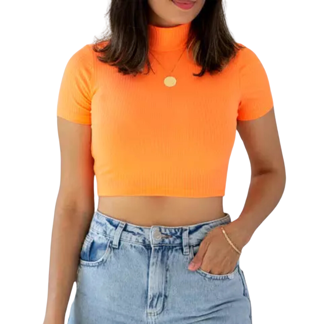 Cropped Canelado Manguinha Gola Alta