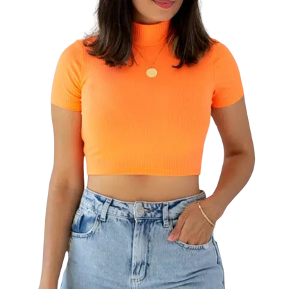 Cropped Canelado Manguinha Gola Alta