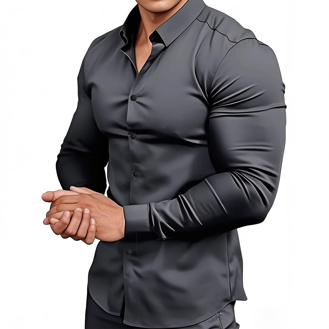 Camisa masculina casual de manga comprida em cor sólida para primavera e outono.