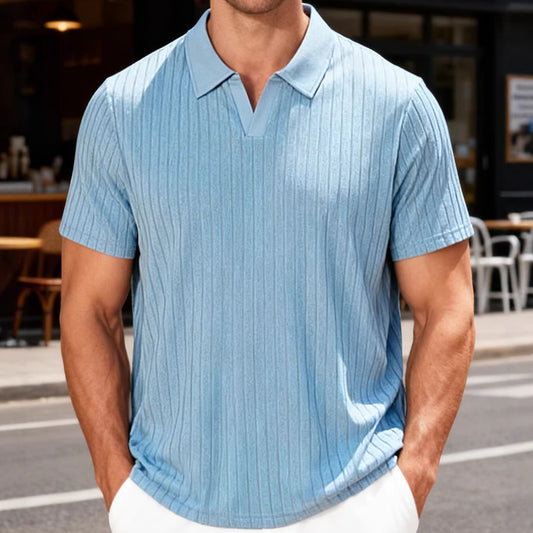 Camisa masculina de verão casual, respirável, em tecido jacquard atoalhado, com lapela.