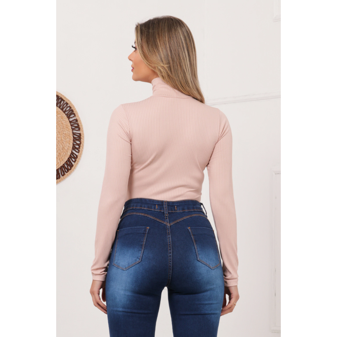Blusa Canelada Gola Alta Manga Longa