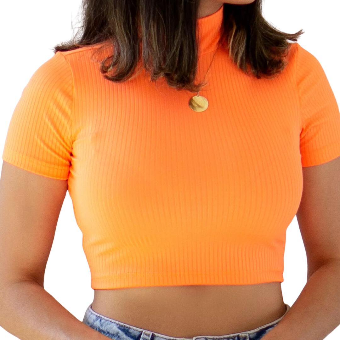 Cropped Canelado Manguinha Gola Alta