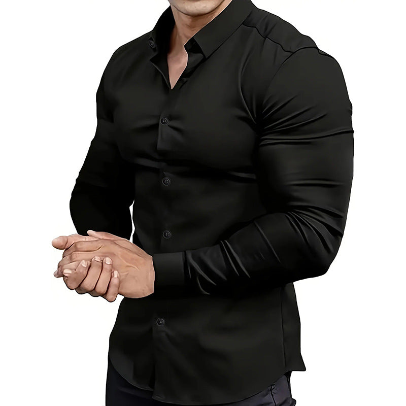Camisa masculina casual de manga comprida em cor sólida para primavera e outono.