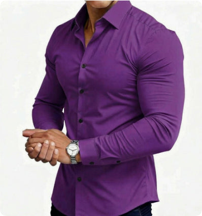 Camisa masculina casual de manga comprida em cor sólida para primavera e outono.