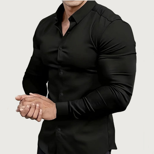Camisa masculina casual de manga comprida em cor sólida para primavera e outono.
