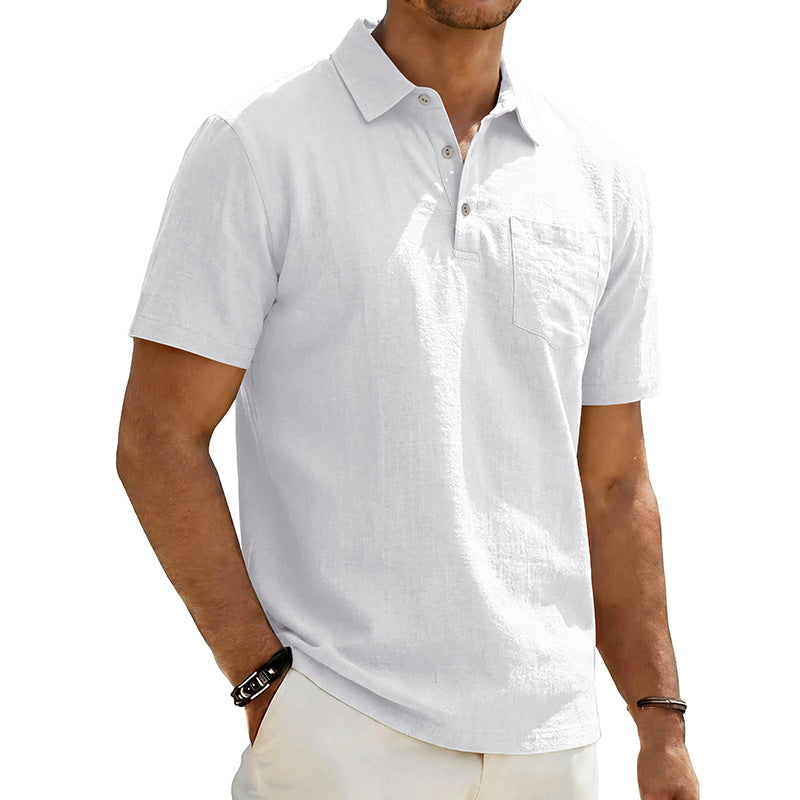 Camisa polo masculina de linho para praia, modelagem solta, casual e minimalista.