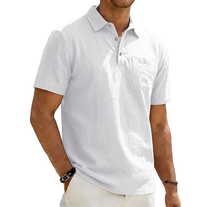Camisa polo masculina de linho para praia, modelagem solta, casual e minimalista.