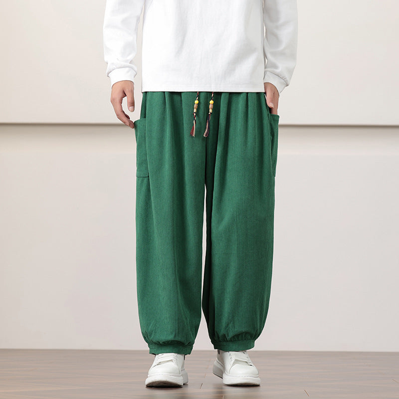 Calças Harem de veludo cotelê estilo chinês para homem, modelagem folgada, ideal para o outono.