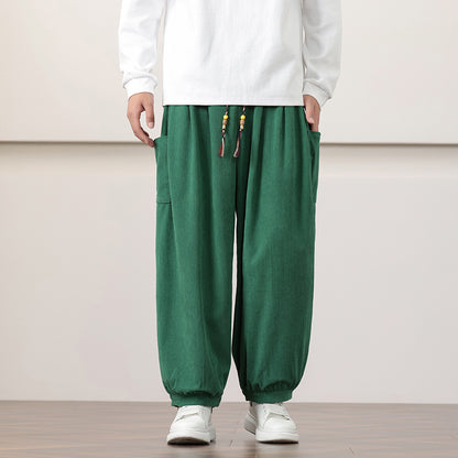 Calças Harem de veludo cotelê estilo chinês para homem, modelagem folgada, ideal para o outono.