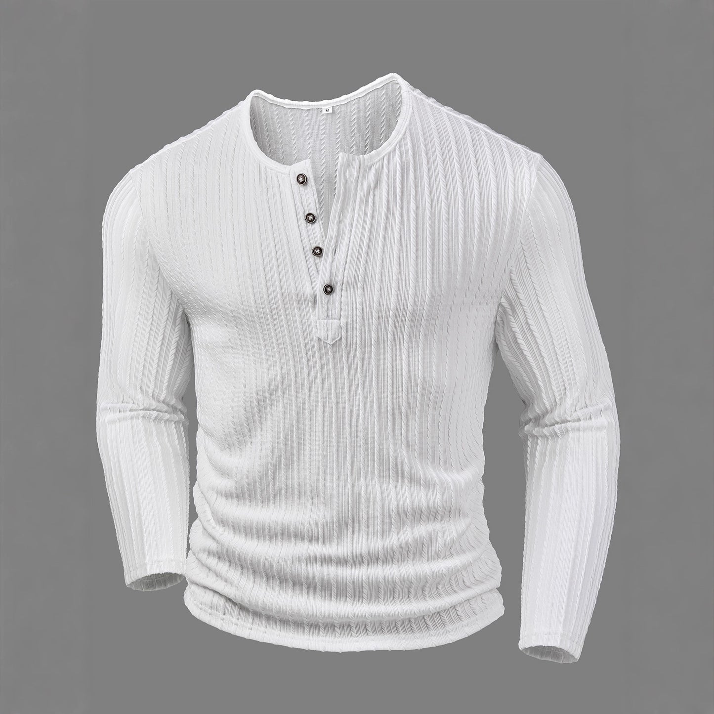 Camisa de malha texturizada de cor sólida com gola redonda e mangas compridas com botões.